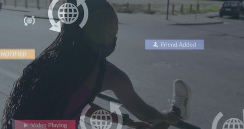 Fit African American Woman Stretching with Social Media Interface Overlay