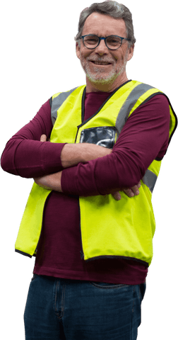 confident senior worker crossing arms wearing bright reflective safety vest transparent - Download Free Stock Videos Pikwizard.com