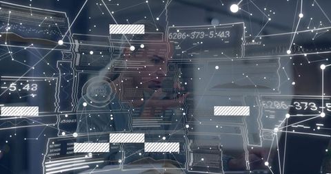 Mid-Adult Woman Interacting with Augmented Reality Data Panels and Network Visuals