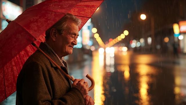 Senior man standing under red umbrella watching rain-soaked city street at night