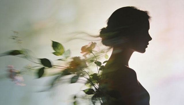 Silhouetted woman holding bouquet with floral overlay and soft rim light