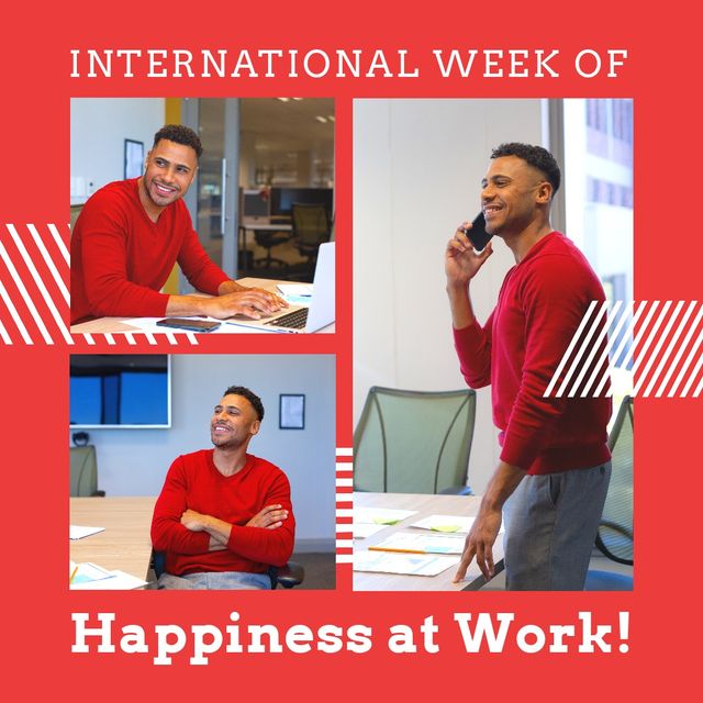 Happy african american businessman working, international week of happiness at work text in frame. Digital composite, workplace, celebration, employee happiness are integral to business's success.