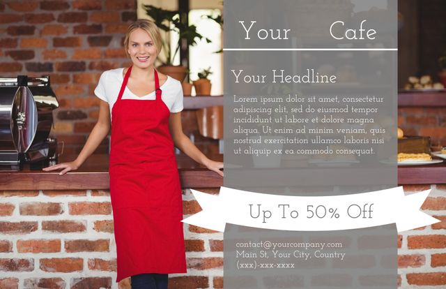 Use this image to promote café discounts and special offers. Perfect for advertising hospitality-focused environments, attracting customers to a welcoming café setting.