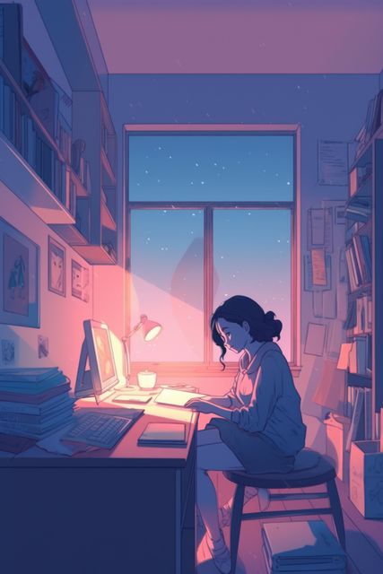 Girl reading by desk in room in pastel colours, created using generative ai technology. Interior design and home decor concept digitally generated image.