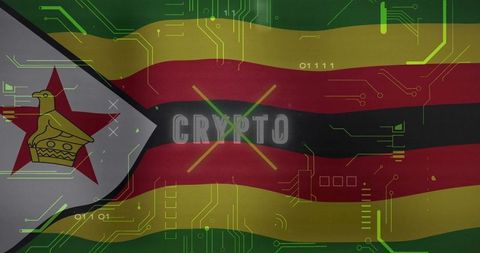 Zimbabwean flag merging with crypto circuitry and neon binary overlay for finance visuals