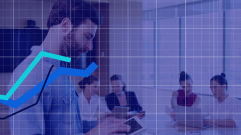 Businessman Analyzing Statistics with Digital Technology Overlay