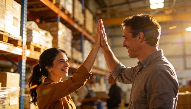 Sunlit warehouse team high-fiving celebrating fulfillment success, logistics collaboration
