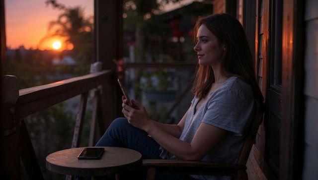 Young woman relaxing on balcony at sunset holding smartphone, warm golden hour reflection