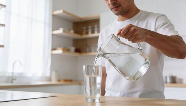 Man pouring water from pitcher into tall glass on wooden countertop in sunlit kitchen