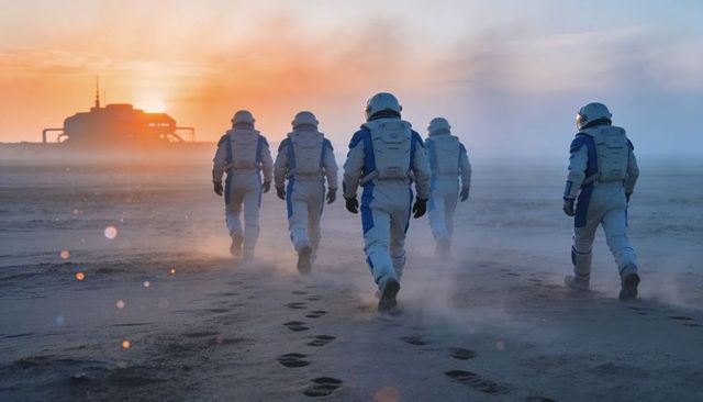 Exploration crew walking toward distant outpost on dusty alien plain at sunrise
