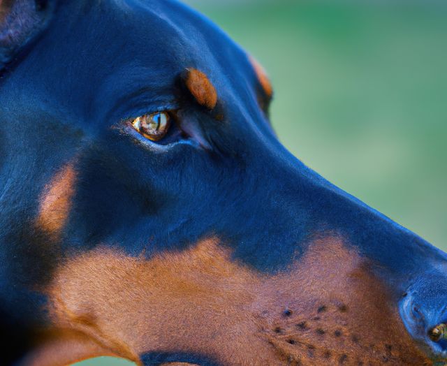 This close-up captures the alert and focused nature of a Doberman with a detailed view of its eye and face. The image is ideal for use in pet care articles, canine intelligence features, and animal behavior studies. It can also be used on websites, blogs, and stock photo repositories that focus on dogs, pets, or wildlife.