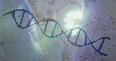 Surgical team operating with dna helix overlay representing genomic medicine and innovation