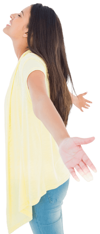 Joyful Young Woman in Yellow Top with Outstretched Arms on Transparent Background