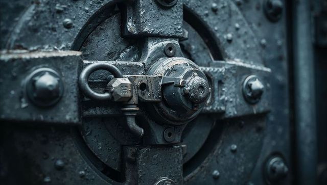 Close-up industrial vault lock mechanism showing rugged circular hub, crossbar, bolts