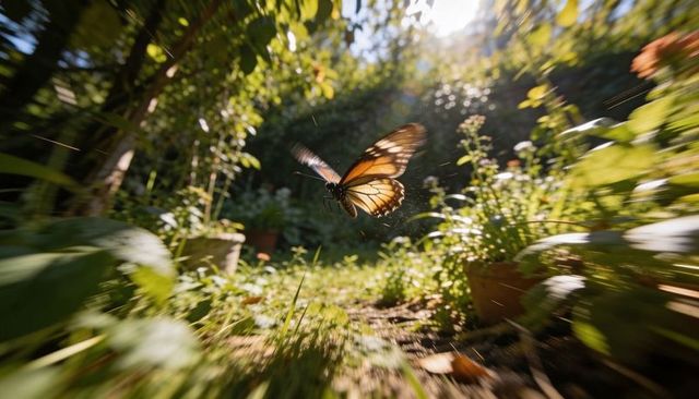 Monarch-like butterfly gliding over sunlit garden path with terracotta pots