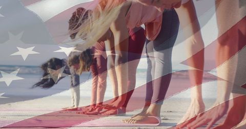 Diverse Women Exercising on Beach with American Flag Overlay