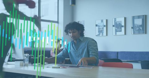 Financial Data Visualization Overlay on Businessman in Office