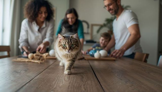 Curious tabby cat walking across wooden dining table while family decorating eggs
