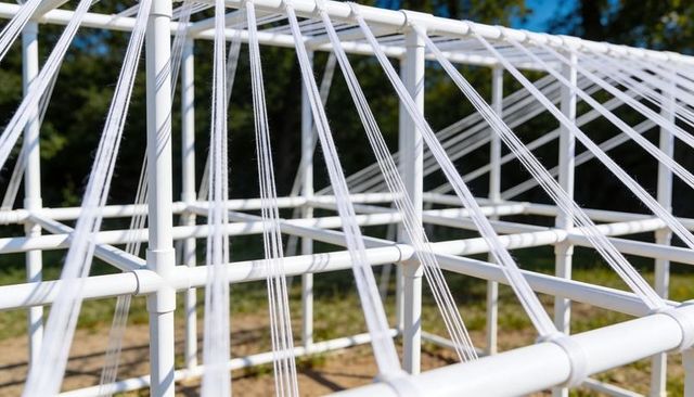 Displaying white pvc tubular grid featuring diagonal taut cords and geometric framework