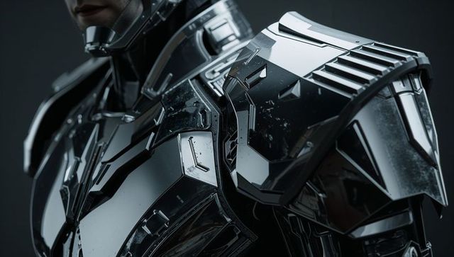 Battleworn black exosuit torso with layered armor plates, riveted panels and cyberpunk vents