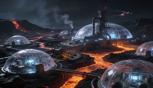 Shielding domes harvesting energy and channeling heat via pipelines over flowing lava