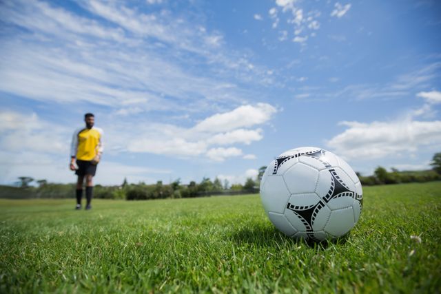 Goalkeeper standing on a grassy soccer field, preparing to kick the ball. The sky is clear with some clouds, indicating a sunny day. This image can be used for sports-related content, soccer training materials, athletic advertisements, or motivational posters.