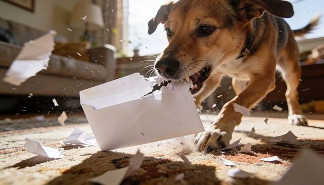 Mischievous dog tearing mail on living room rug, papers flying in sunlit close-up