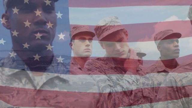 Animation of flag of america waving over diverse soldier standing and stretching neck. Digital composite, multiple exposure, pride, freedom, armed forces and patriotism concept.