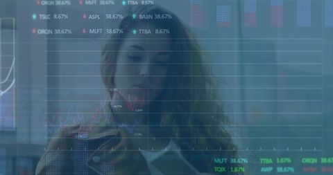 Businesswoman Analyzing Stock Data with Digital Overlay in Modern Office