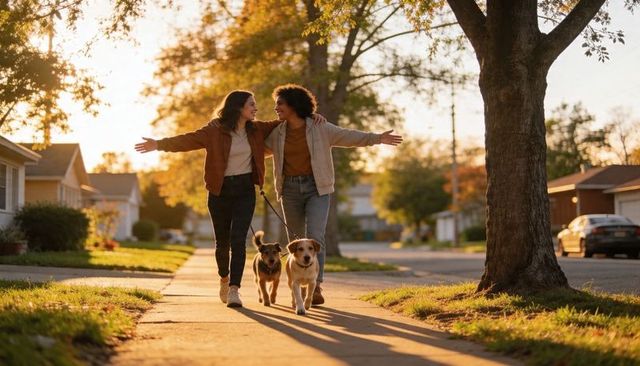 Young couple walking two dogs on suburban sidewalk during autumn golden hour