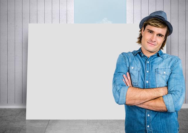 Digital composite of Man against blank card with room and sky background