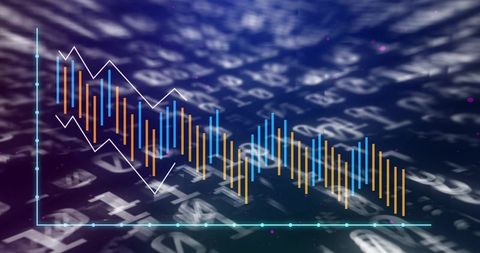 Futuristic financial candlestick chart with gradient depth, turquoise axes and trend line