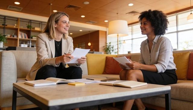 Two professionals discussing documents in modern office lounge collaborating and planning