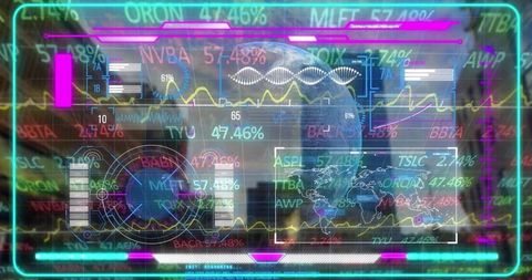 Digital interface overlay with global finance data and cityscape