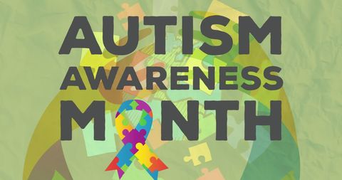 Autism Awareness Month Banner with Puzzle Pieces and Ribbon