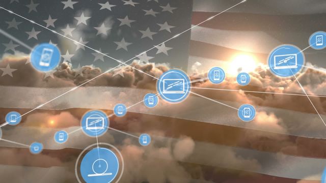 Digital icons connected in a network overlay cloudy sky with the American flag blended in background and sun setting. Represents concepts like communication, technology, innovation, and patriotism. Useful for presentations on national tech development, cybersecurity or digital transformation in the United States.