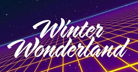 Retro neon winter wonderland text over synthwave grid nightscape for holiday design