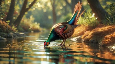 Majestic colorful bird animal drinking from woodland pond