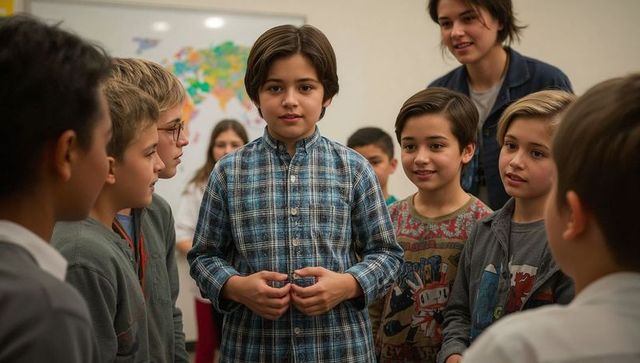Boy standing at center adjusting blue plaid shirt while classmates gather in circle