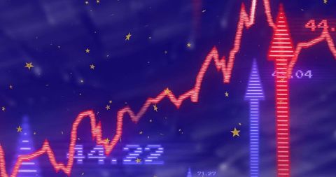 Neon stock market graph trending upward with red jagged line and glowing arrows, neon digits