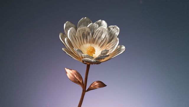 Glowing metal flower sculpture with layered silver petals, golden stamen and copper stem