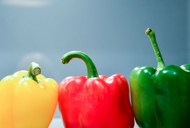 Three vibrant bell peppers in red, yellow, and green colors are arranged in a row against a blue backdrop. The peppers are fresh and indicate a focus on healthy eating, cooking, and organic produce. Perfect for use in food blogs, healthy lifestyle promotions, restaurant menus, or vegetarian and vegan website content.