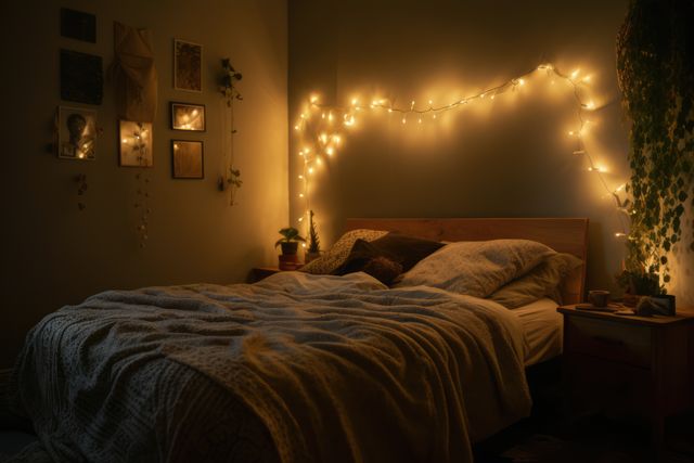 Bedroom decorated with strings of fairy lights, created using generative ai technology - Download Free Stock Photos Pikwizard.com