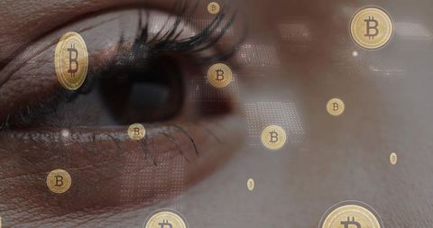 Macro eye focusing on bitcoin holograms, digital currency vision and cybersecurity concept