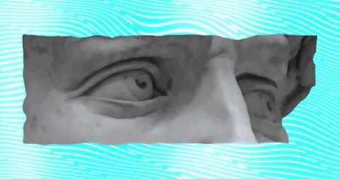 Classical sculpture eyes and nose fragment floating on turquoise wavy graphic background