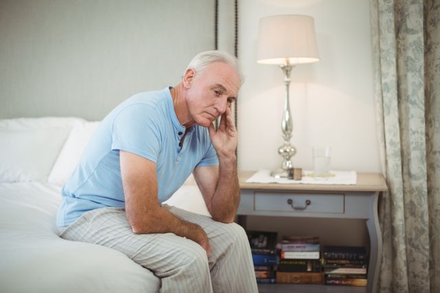 Tense senior man sitting on bed in bedroom at home