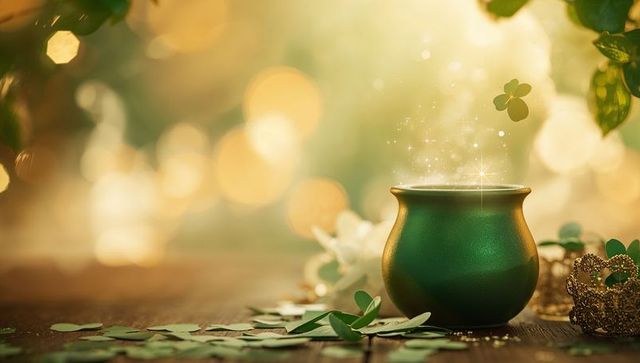 Glowing green cauldron releasing clover and sparkles for st patrick's luck and celebration