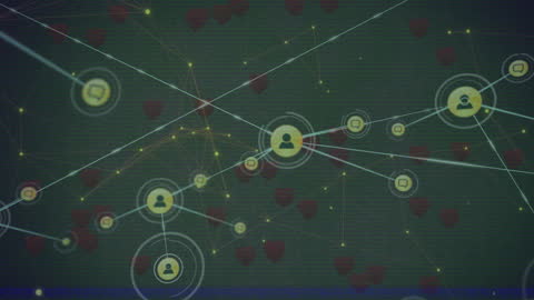 Digital Network Connections with Heart Icons in Abstract Interface