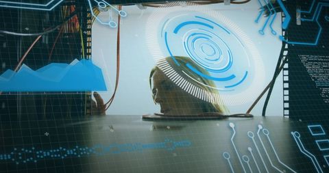 Woman interacting with futuristic digital interface