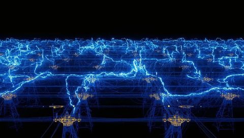 Neon high-voltage grid visualizing electric arcs across networked pylons and node hubs